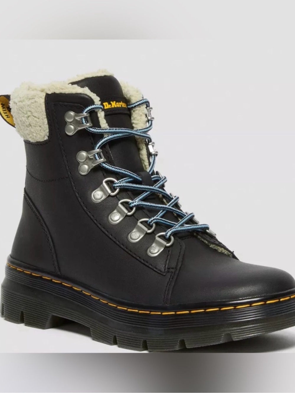 Dr. Martens Black Leather Lace-Up Boot with Cream Shearling Collar